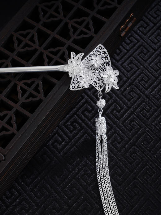 子佩集S990银【醉花问雪】发簪【LFZ000021】纯银扇子扇形流苏花丝2410 商品图0