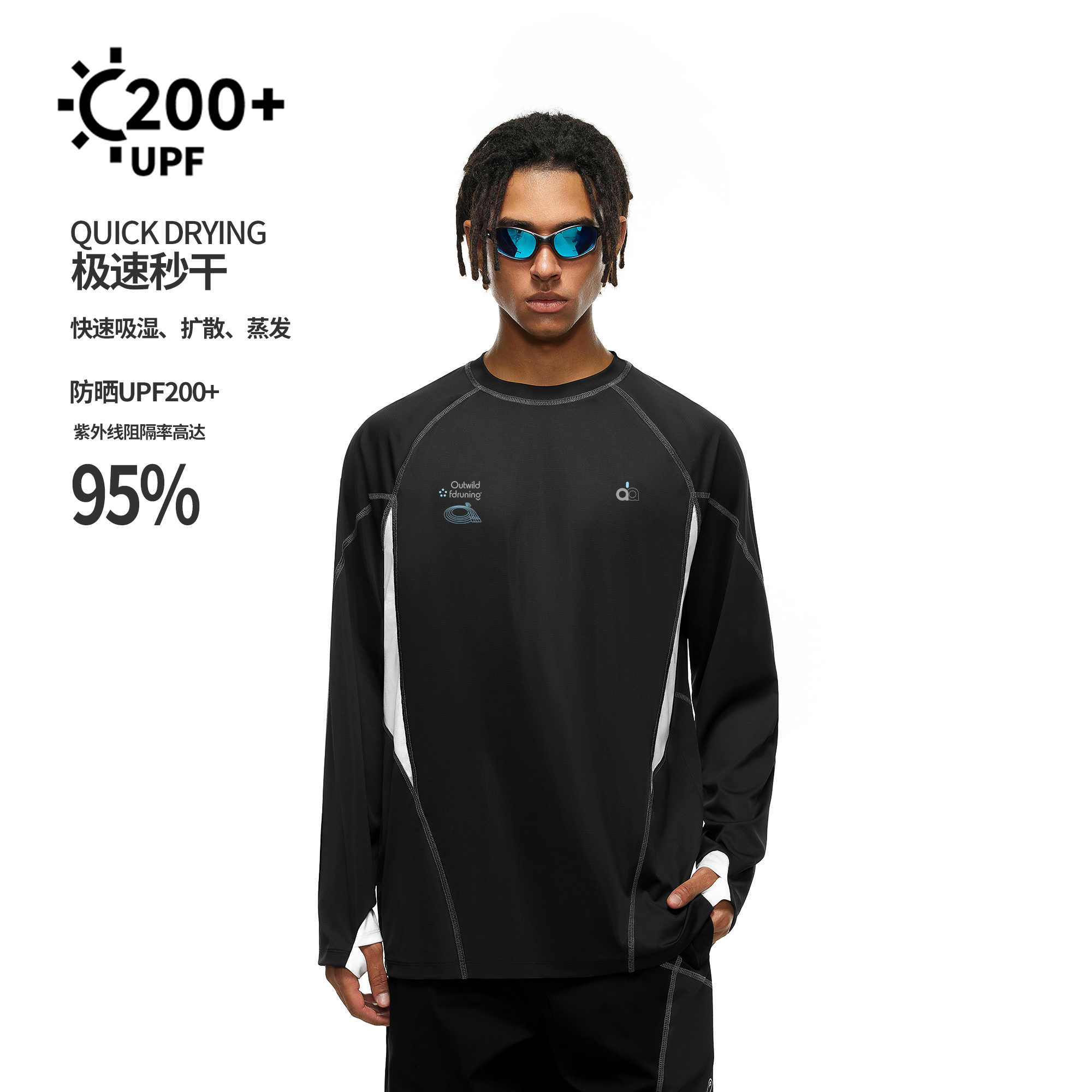 【178元任选3件】FDR官方店 防晒UPF哈苏线拼接速干运动宽松长袖T恤男女秋季上衣