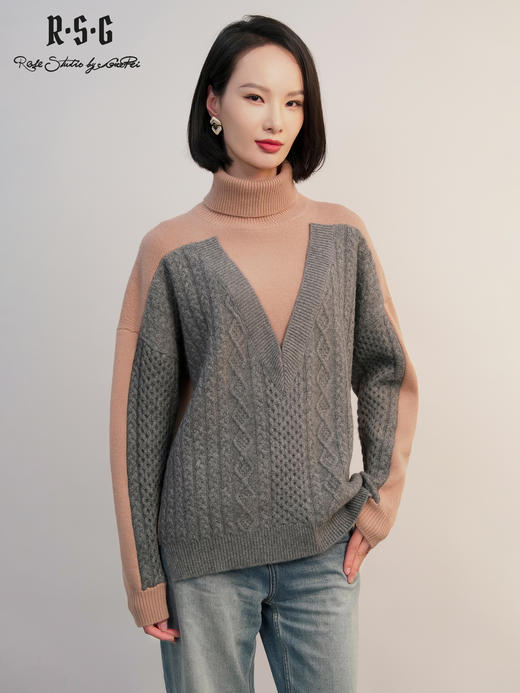 郭培成衣RSG2025秋冬新款毛衣暖棕撞色绞花高领保暖针织衫中长款 商品图4