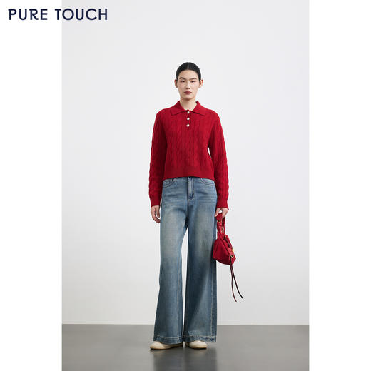 PURE TOUCH女装25秋冬新款Polo翻领羊毛针织衫新年红绞花宽松毛衣 商品图1