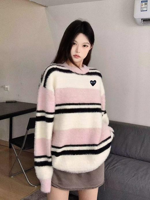 D112713日式潮牌慵懒撞色条纹仿水貂绒针织毛衣 商品图0
