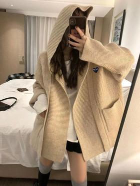 D112710连帽加厚口袋针织开衫女秋冬新款日系设计感毛衣外套