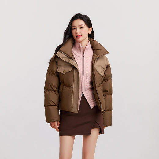 森马羽绒服女冬90绒子防泼水拼接牛仔oversize立领个性潮酷面包服 商品图1