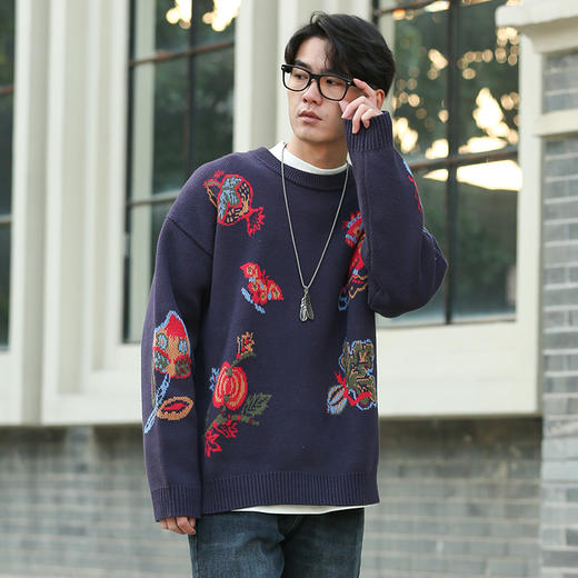 DRONKOO 2025 圆领满幅马蝴蝶植物提花厚毛衣 商品图3