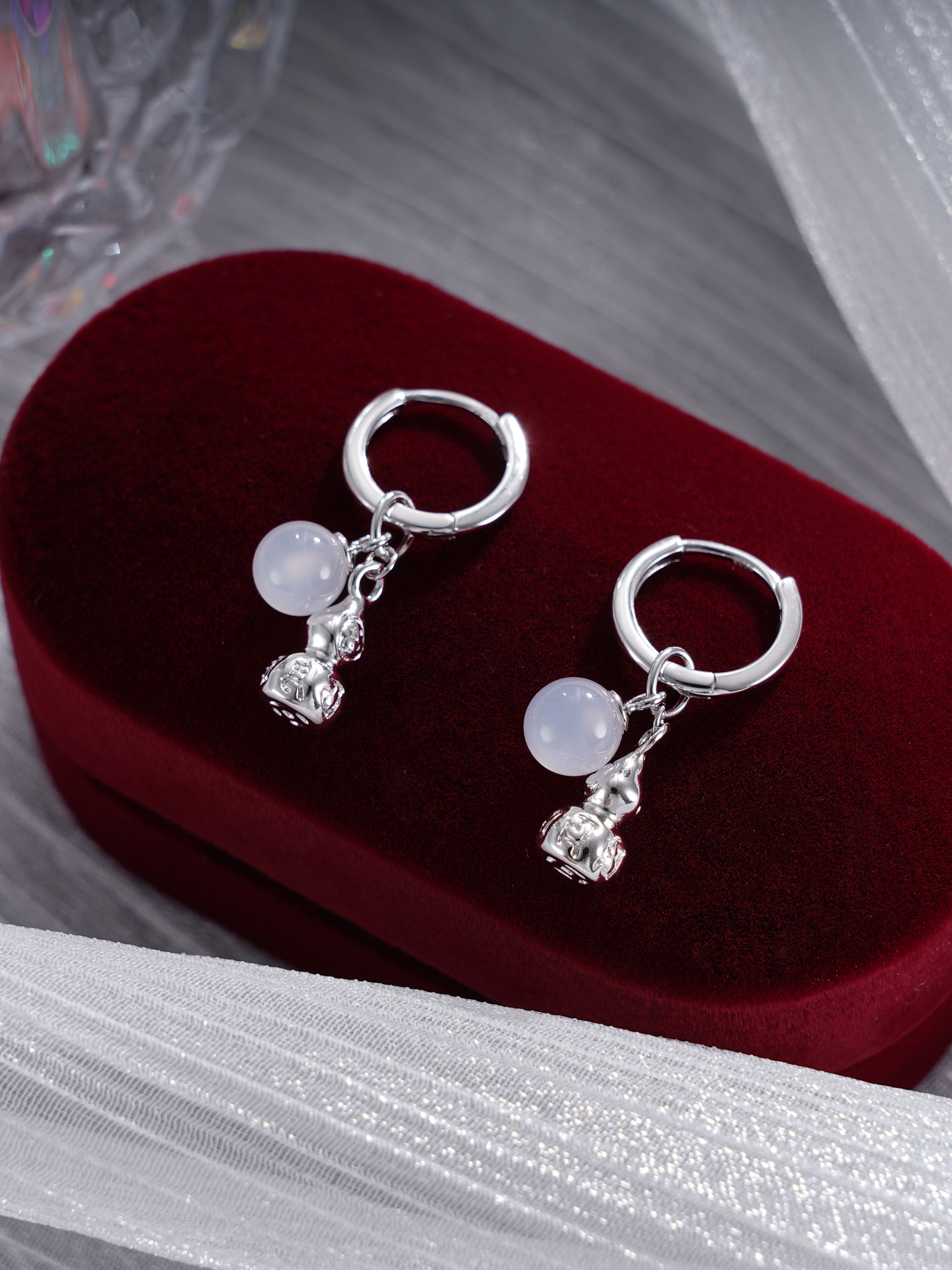 子佩集S925银【烟波福溢】耳环【EK4184】纯银葫芦白玉髓扣环耳圈2410