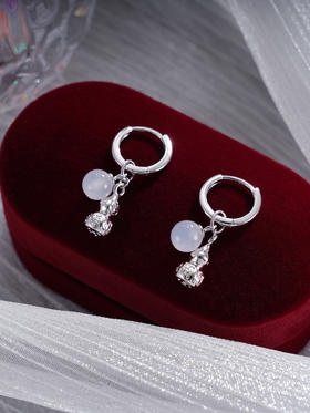 子佩集S925银【烟波福溢】耳环【EK4184】纯银葫芦白玉髓扣环耳圈2410