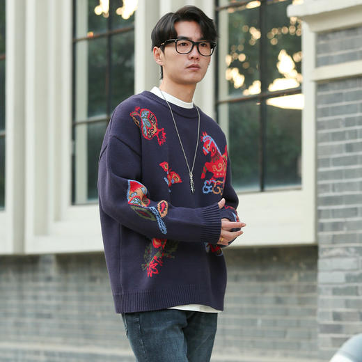 DRONKOO 2025 圆领满幅马蝴蝶植物提花厚毛衣 商品图2