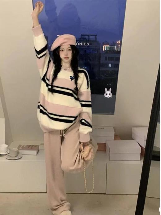 D112713日式潮牌慵懒撞色条纹仿水貂绒针织毛衣 商品图1