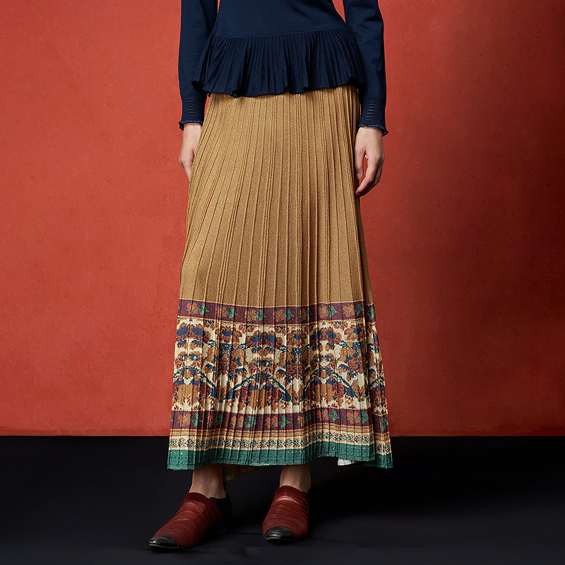 【林栖设计小店】秋色绵羊毛鸳鸯印花毛织半身裙褶皱复古百搭2025秋冬新款长裙子女T1954285