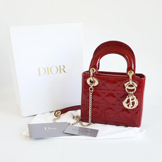 【95新】Dior迪奥迷你LADY DIOR手袋红色金扣三格漆皮戴妃链条包手提单肩包女士261125NJT07 商品图1