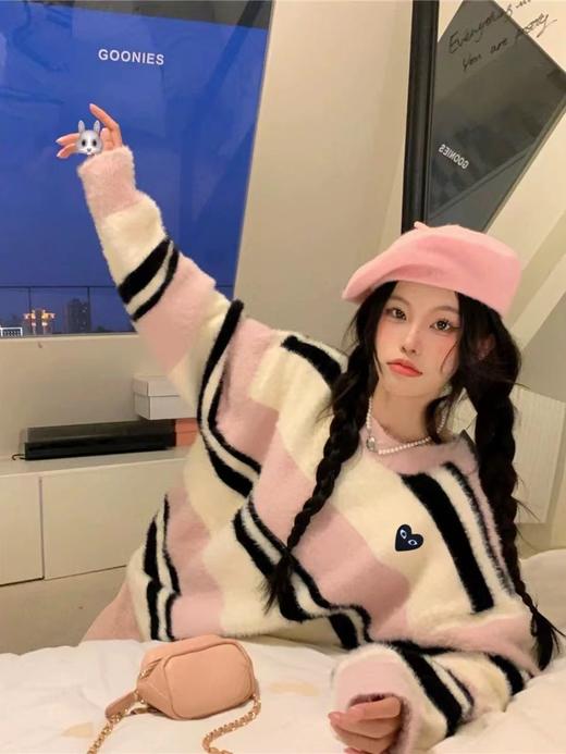 D112713日式潮牌慵懒撞色条纹仿水貂绒针织毛衣 商品图3