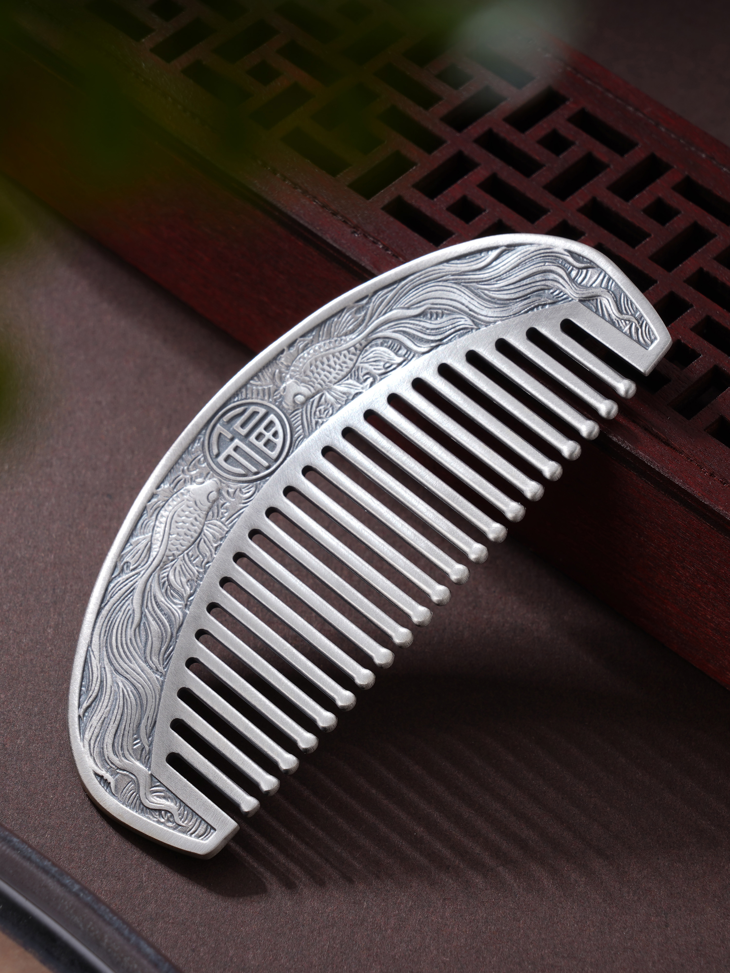 子佩集S999银双鱼泽福梳子【BX0320094】纯银梳子2407