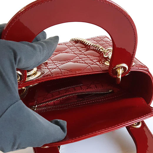 【95新】Dior迪奥迷你LADY DIOR手袋红色金扣三格漆皮戴妃链条包手提单肩包女士261125NJT07 商品图7