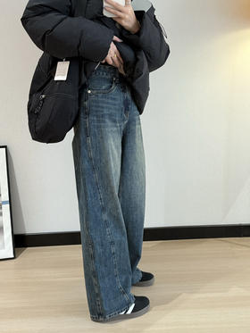 Moco原单去标复古水洗缝线前移牛仔裤112707