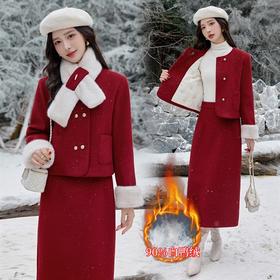 90%白鸭绒配仿毛围脖，喜庆长裙套装HR-YJLY86858