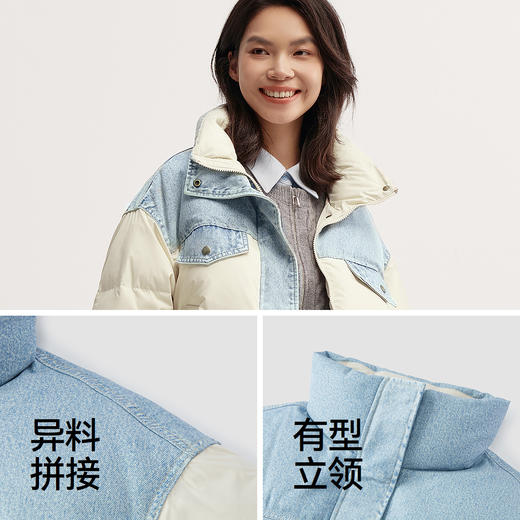 森马羽绒服女冬90绒子防泼水拼接牛仔oversize立领个性潮酷面包服 商品图3