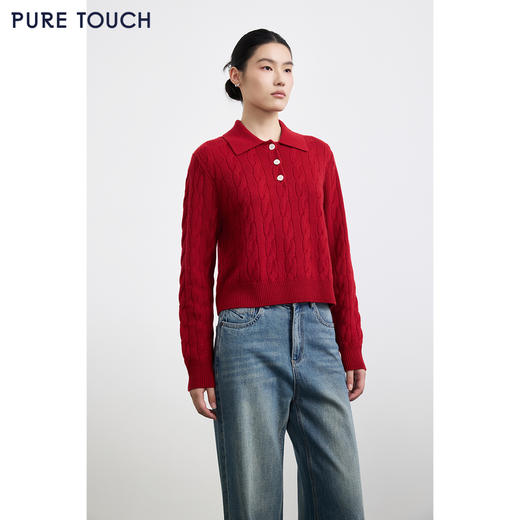 PURE TOUCH女装25秋冬新款Polo翻领羊毛针织衫新年红绞花宽松毛衣 商品图4