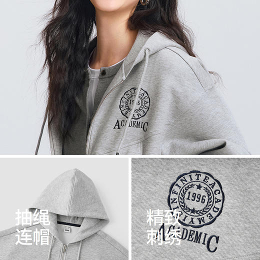 森马外套女春季连帽字母刺绣宽松落肩质感夹克分割气质学院风上衣 商品图3