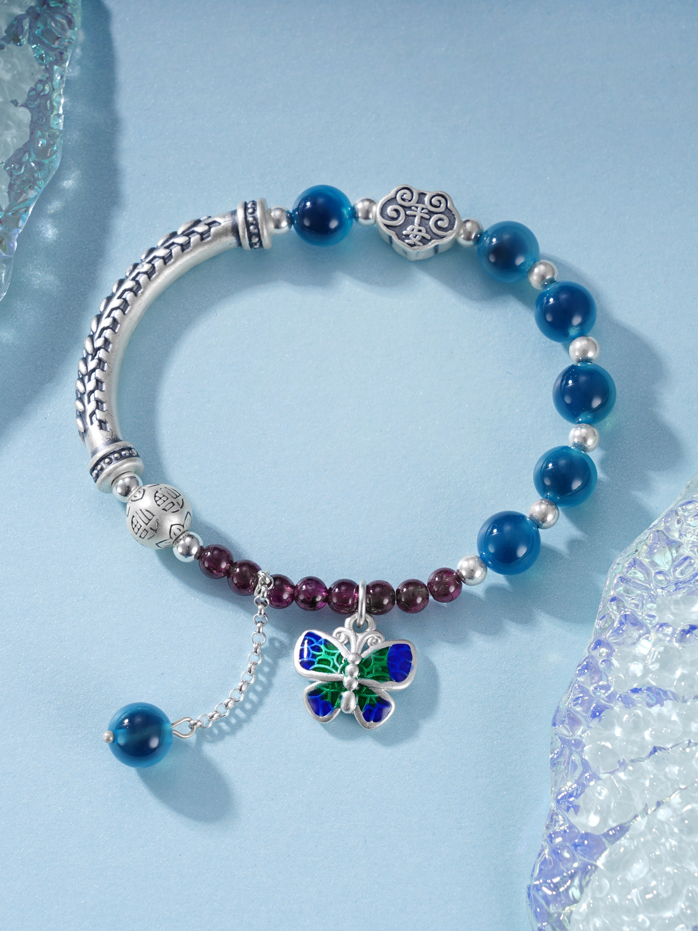 子佩集S999银【乐伦】手串【SC000812】纯银珐琅彩蝴蝶糖心玛瑙蓝色手链2409