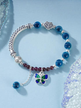 子佩集S999银【乐伦】手串【SC000812】纯银珐琅彩蝴蝶糖心玛瑙蓝色手链2409