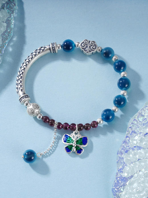 子佩集S999银【乐伦】手串【SC000812】纯银珐琅彩蝴蝶糖心玛瑙蓝色手链2409 商品图0
