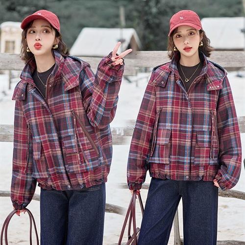 HR SYY2904棉服牛仔格纹连帽宽松加厚短款洋气时尚外套 商品图2