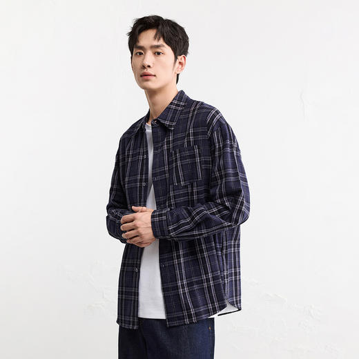 GXG男装【棉100%】25秋季时尚潮流撞色格纹翻领休闲男式长袖衬衫K&C 商品图1