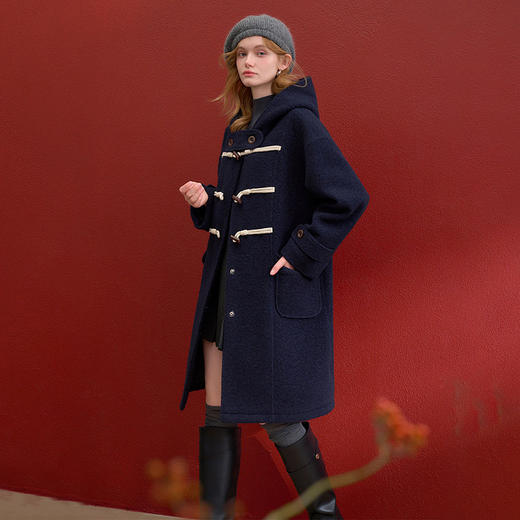 西遇复古学院风牛角扣连帽毛呢外套女冬季新款保暖双面呢大衣V4355457 商品图0