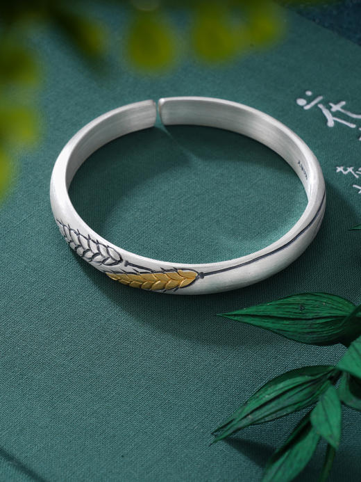 子佩集S999银【穗穗平安】手镯【YS033】纯银手镯仿古带金色嵌真金2408 商品图0