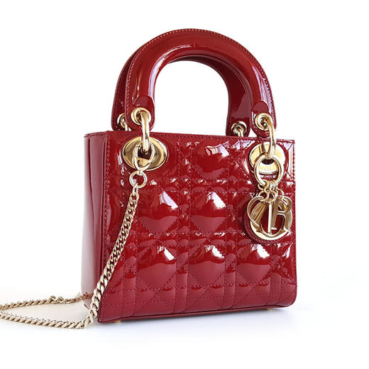 【95新】Dior迪奥迷你LADY DIOR手袋红色金扣三格漆皮戴妃链条包手提单肩包女士261125NJT07 商品图2