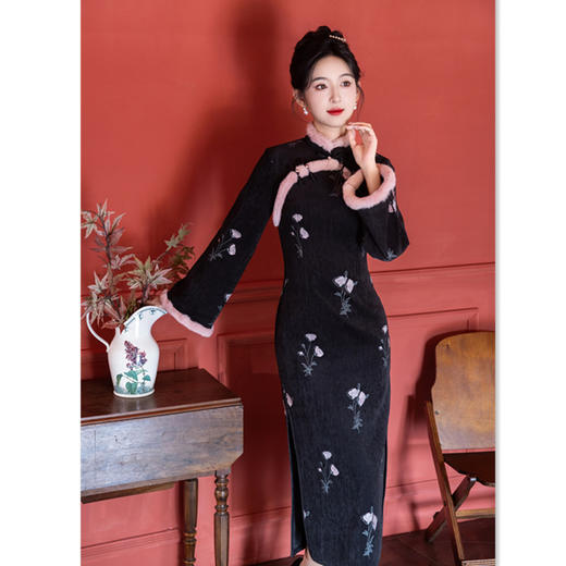 雪尼尔绣花长袖旗袍，时尚改良新中式日常少女国风旗袍GX-3125229 商品图0