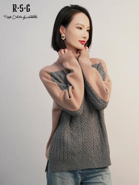 郭培成衣RSG2025秋冬新款毛衣暖棕撞色绞花高领保暖针织衫中长款