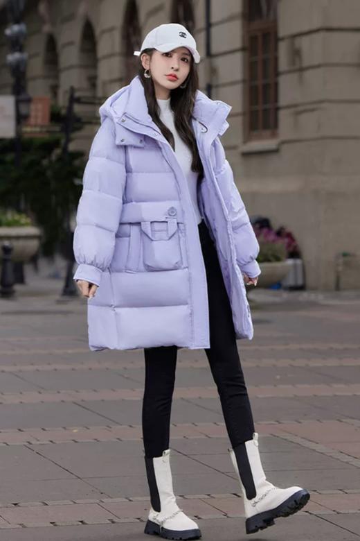 鸭鸭 紫色保暖简约中长款羽绒服外套 21713 商品图2