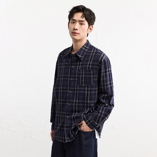 GXG男装【棉100%】25秋季时尚潮流撞色格纹翻领休闲男式长袖衬衫K&C 商品图3