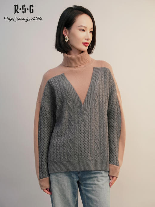 郭培成衣RSG2025秋冬新款毛衣暖棕撞色绞花高领保暖针织衫中长款 商品图3