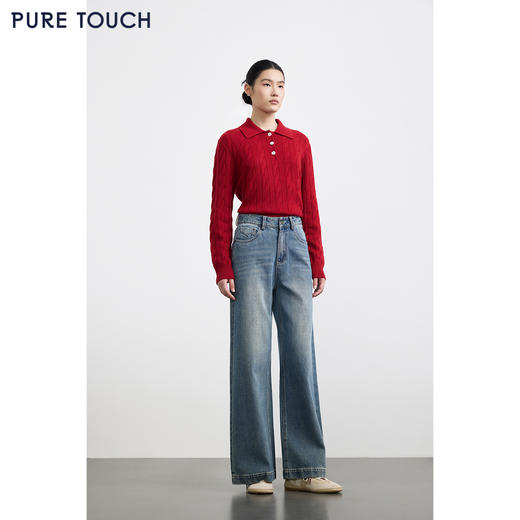 PURE TOUCH女装25秋冬新款Polo翻领羊毛针织衫新年红绞花宽松毛衣 商品图3