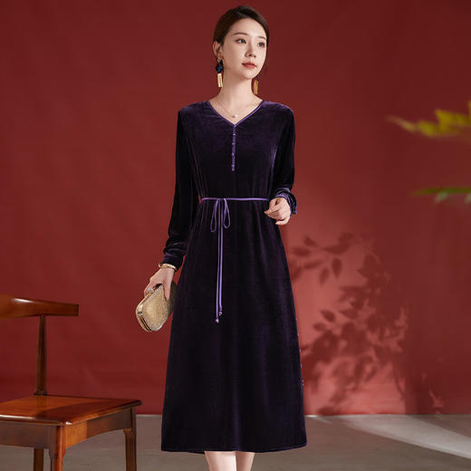 文艺复古V领真丝丝绒连衣裙，妈妈装秋冬长袖中长裙子SM-82497998 商品图2