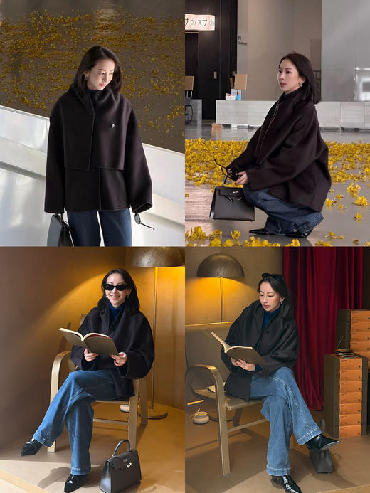 HIDEMI 深咖色分体披肩式纽扣设计感美利奴羊毛双面呢大衣外套女 商品图2