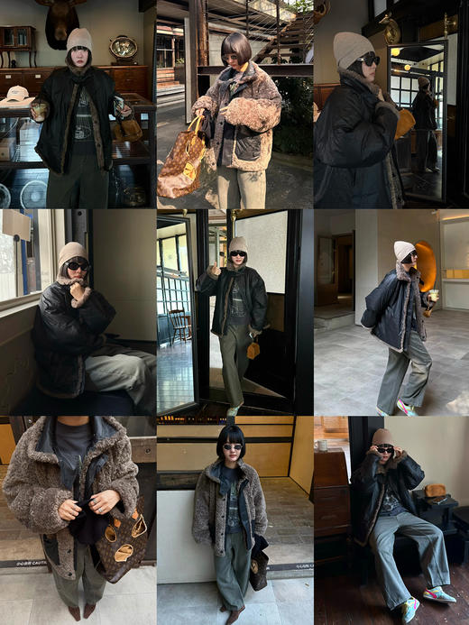 HIDEMI 双面两穿立领圈圈绒拼接复古做旧感加厚毛毛大衣外套 炭灰咖色 商品图5