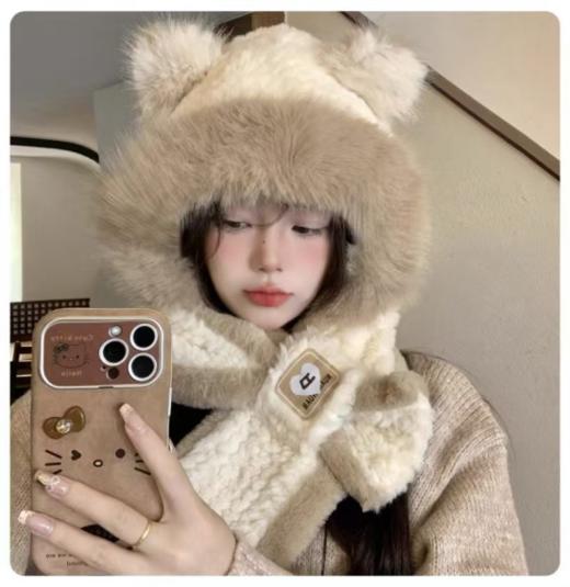 💥▫️救命！🥇终于找到本命保暖神器【觅贝思 拼色小熊帽子】🔥谁能拒绝这顶毛绒绒的三合一神帽！五色all in也不过分！ 帽子+围巾+耳罩三合一设计  商品图3