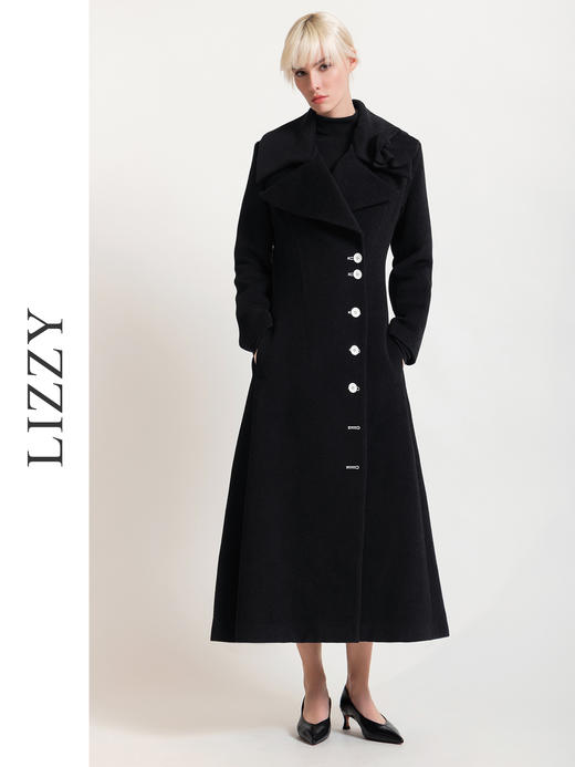 LIZZY 秋冬欧式复古手工盘花大翻领配可脱卸胸针绵羊毛长款大衣外套6372 商品图0