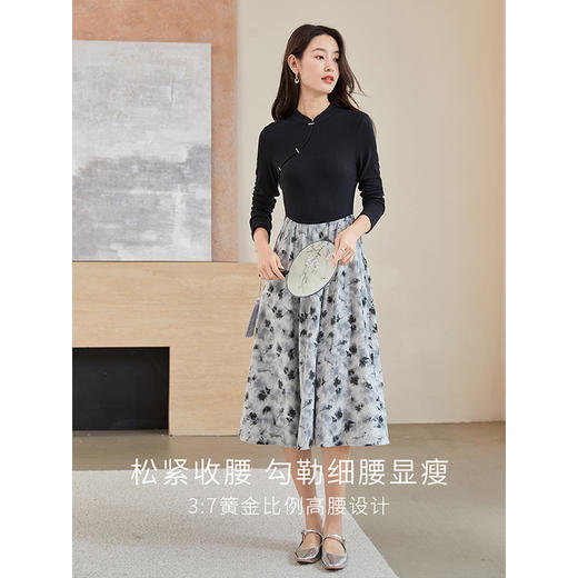 【年终特卖】熙世界2025秋季女装国风新中式针织拼接复古水墨印花假两件连衣裙 商品图2