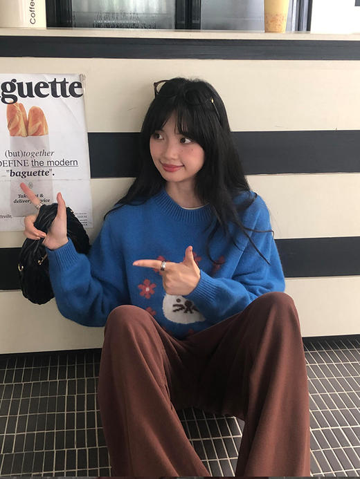 【YW】无忧购可爱猫咪提花圆领毛衣女秋冬宽松百搭减龄针织衫上衣1098#（截单后3-5天发货） 商品图3