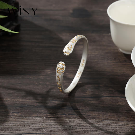 Winy 足银描金招财猫手镯25±1g配证书送女友闺蜜节日生日礼物 商品图0