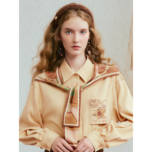 两三事梵高文艺 风过书页 2025冬季新款印花披肩拼接假两件衬衫女 商品图2