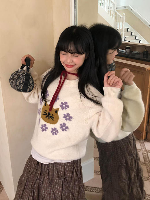 【YW】无忧购可爱猫咪提花圆领毛衣女秋冬宽松百搭减龄针织衫上衣1098#（截单后3-5天发货） 商品图8