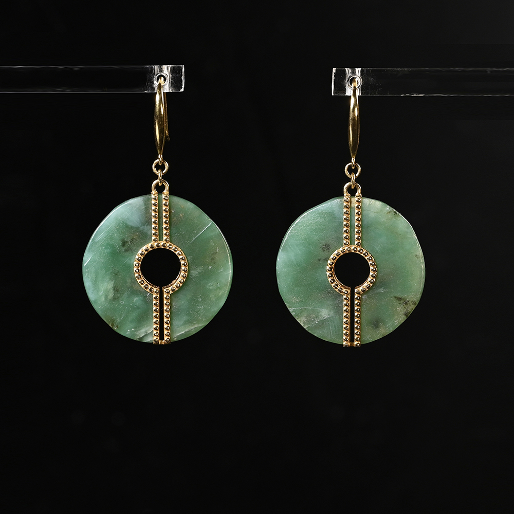 高古碧玉玦+18K金镶嵌耳环
