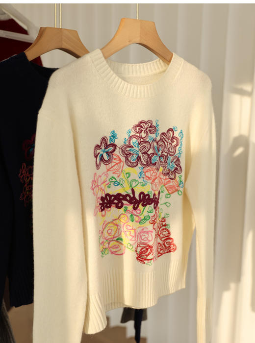 莫奈花园重工彩线花朵刺绣羊毛兔绒混纺针织毛衣 商品图13