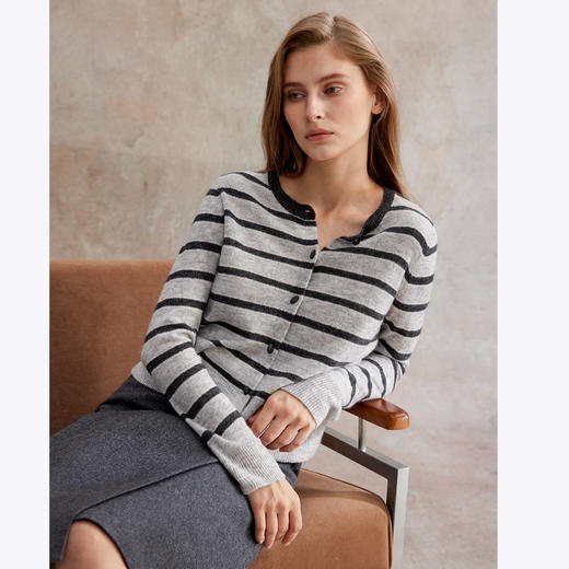 高品质桑蚕丝绵羊毛羊绒精纺条纹针织开衫毛衣 商品图2