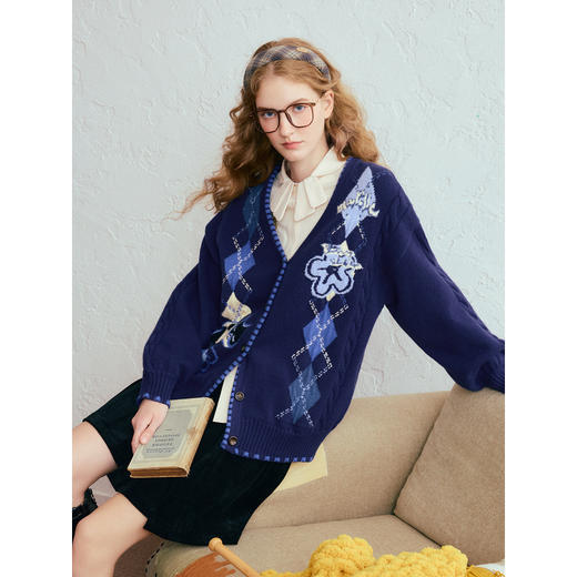 两三事 古着手札 2025冬季新款复古菱形格花色毛衣开衫女宽松 商品图1